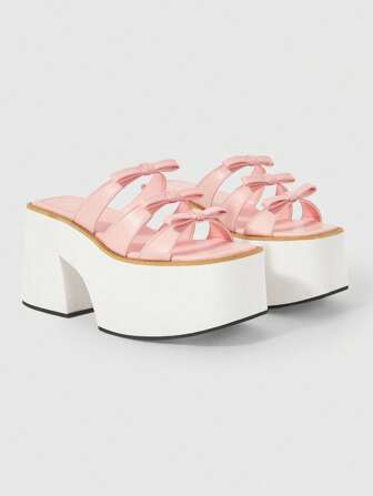 Kawaii Sandali sexy da donna con fiocco e suola spessa - Stile punk con cinturino posteriore, tacco a blocco e punta aperta - Scarpe comode e traspiranti, senza lacci