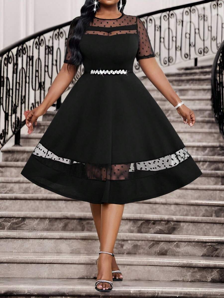 SHEIN Lady Plus Size Elegant Polka Dot Mesh Patchwork Dress - Multicolor - View 1