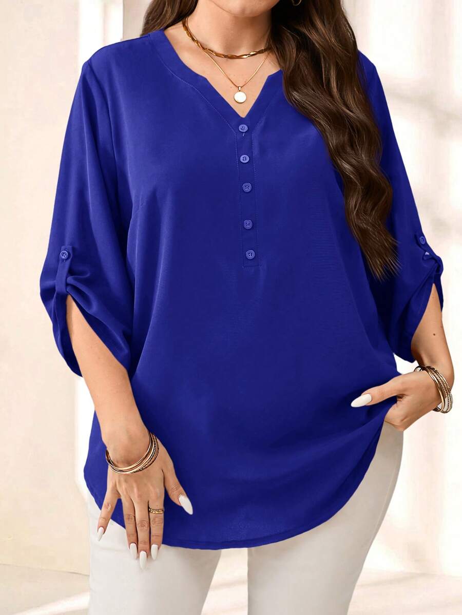 EMERY ROSE Women Plus Size Purple 3/4 Sleeve Shirt, Early Spring Fall - Royal Blue - View 1