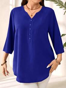 EMERY ROSE Women Plus Size Purple 3/4 Sleeve Shirt, Early Spring Fall - Royal Blue - View 5