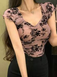 DAZY Women's Summer Mesh Floral Square Neck Ruched Casual Short Sleeve Blouse,Crop Tops Women - Pink - View 3