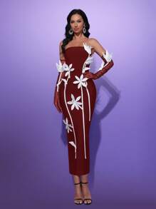 Glamrae 优雅奢华手工3D花卉长袖修身超长绷带正式晚礼服 - 酒紅色 - 查看 5