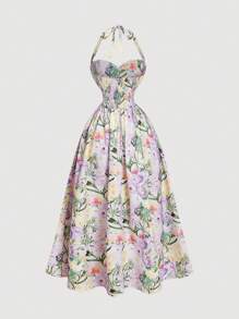 SHEIN MOD Vestido de mujer de largo medio con cuello halter y estampado floral romántico, ideal para el Día de San Valentín, primavera, brunch, fiesta de té, vacaciones en la playa, vestido floral, vestidos vintage para mujer