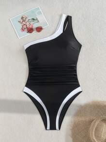 Swim SPRTY 女式运动型拼色镂空连体泳衣，收腹设计，适合春夏季游泳、冲浪、沙滩 - 黑與白 - 查看 6