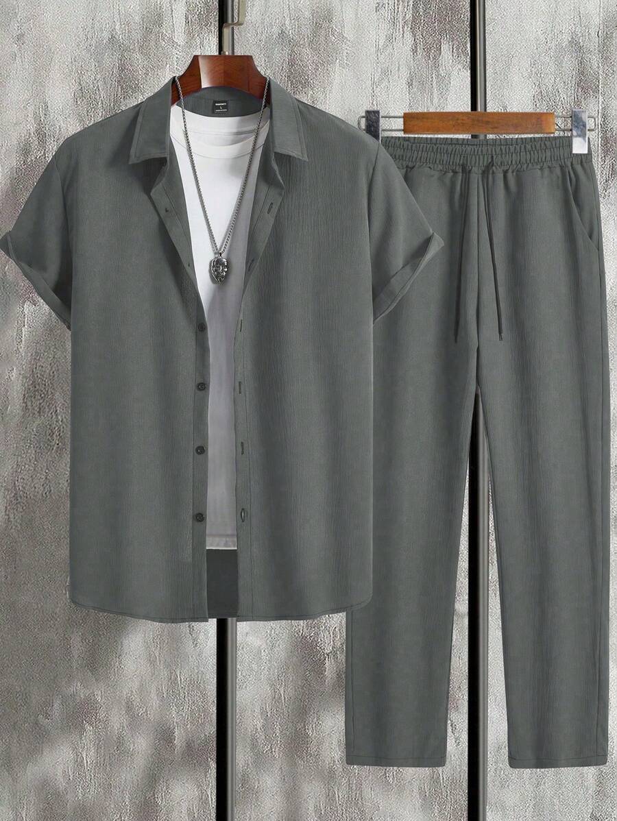 Manfinity Homme 2pcs Men's Casual Solid Color Short Sleeve Shirt And Pants Set, Cozy Outfits - Dark Grey - View 1
