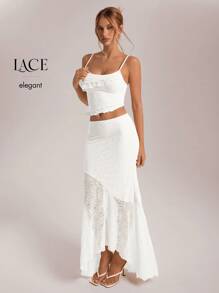 Aloruh Women's Spring Summer Holiday/Wedding Lace Asymmetric Hem Camisole Top And Low Waist Ruffle Hem Mermaid Skirt 2-Piece Set
