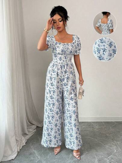 Breezaya 女士优雅腰部褶皱花卉印花泡泡袖连体裤，适合度假穿着
