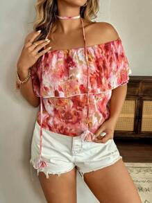 Flirla Plus Size Women French Romantic Casual Short Sleeve Off-Shoulder Blouse, Summer - Multicolor - View 4