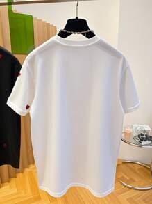 SHEIN Women Heart Embroidery Round Neck Short Sleeve Casual Loose Fit T-Shirt, Summer - White - View 2