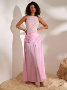 Opulessa Abito da donna elegante con vita arricciata e pizzi a contrasto