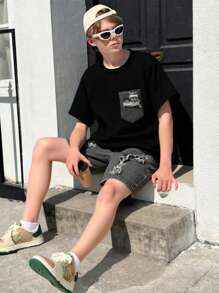 2pcs Youth (Boys) Casual, Vacation, Fashion, Street, Minimalist, Daily Wear Short Sleeve T-Shirt & Denim Shorts Set - Black - View 8