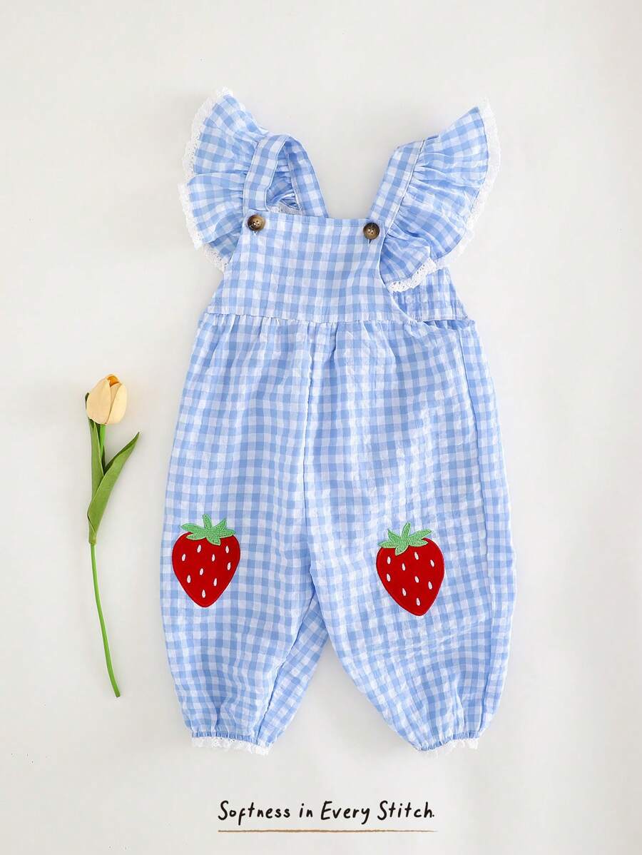 Cozy Pixies Baby Girl Strawberry Pattern Square Neck Ruffle Trim Jumpsuit - Blue and White - View 1