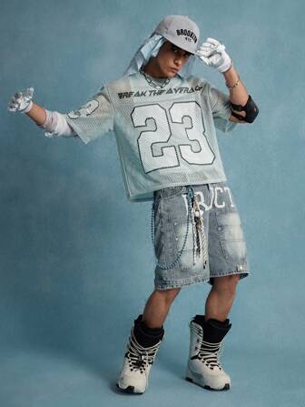 Street Life Maglietta sportiva a maniche corte da uomo in tessuto a rete, con applicazioni di numeri, stile rave