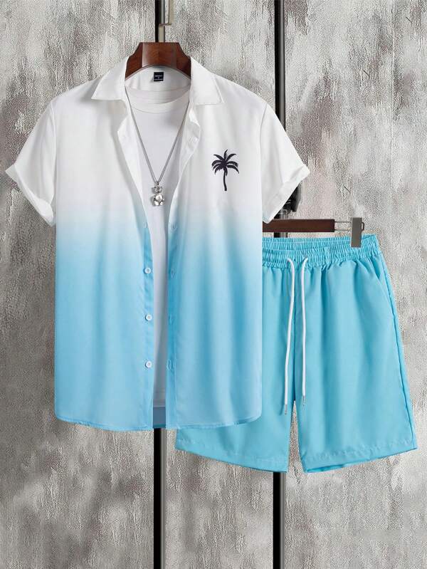 Manfinity Chillmode 2pcs Men's Ombre Color Button Front Short Sleeve Shirt And Drawstring Waist Shorts Set Men Beach Wear Sets
