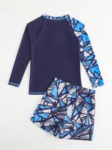 Tween Boy Palm Tree Print Raglan Long Sleeve Top And Shorts Swimsuit Set