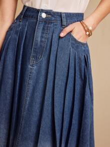 Vintamour 复古优雅女士牛仔裙，带口袋，褶皱休闲通勤度假夏季