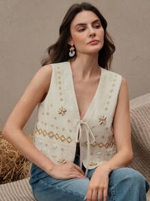 Anewsta Áo cardigan nơ đính hạt thêu thanh lịch dành cho nữ, thích hợp cho kỳ nghỉ, lễ hội xuân/hè, lễ tốt nghiệp - Màu be - Xem 3