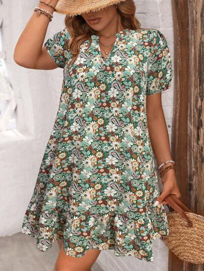 Breezaya Plus Size V-Neck Puff Sleeve Summer Casual All-Over Print Dress