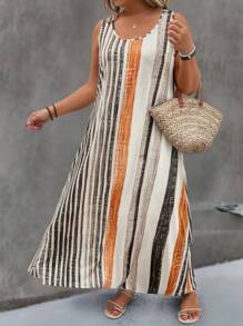 Breezaya 大码女式圆领无袖竖条纹休闲定位印花连衣裙 - 彩色 - 查看 6