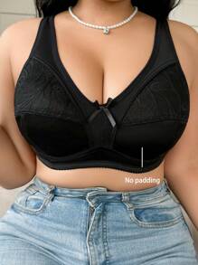 SHEIN Sujetador de encaje con parches y decoración de lazo, unicolor, cómodo para tallas grandes