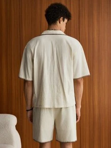SWAVVY 2pcs/Set Men's Fashionable Casual Daily Woven Loose Fit Short Sleeve Shirt And Drawstring Waist Straight Leg Shorts Set