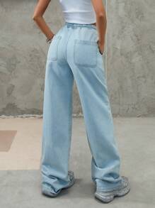 EURMUSE WOMEN HIGH WAIST WIDELEG SWEAT JEAN ELASTIC WAIST BAND - Light Wash - View 1