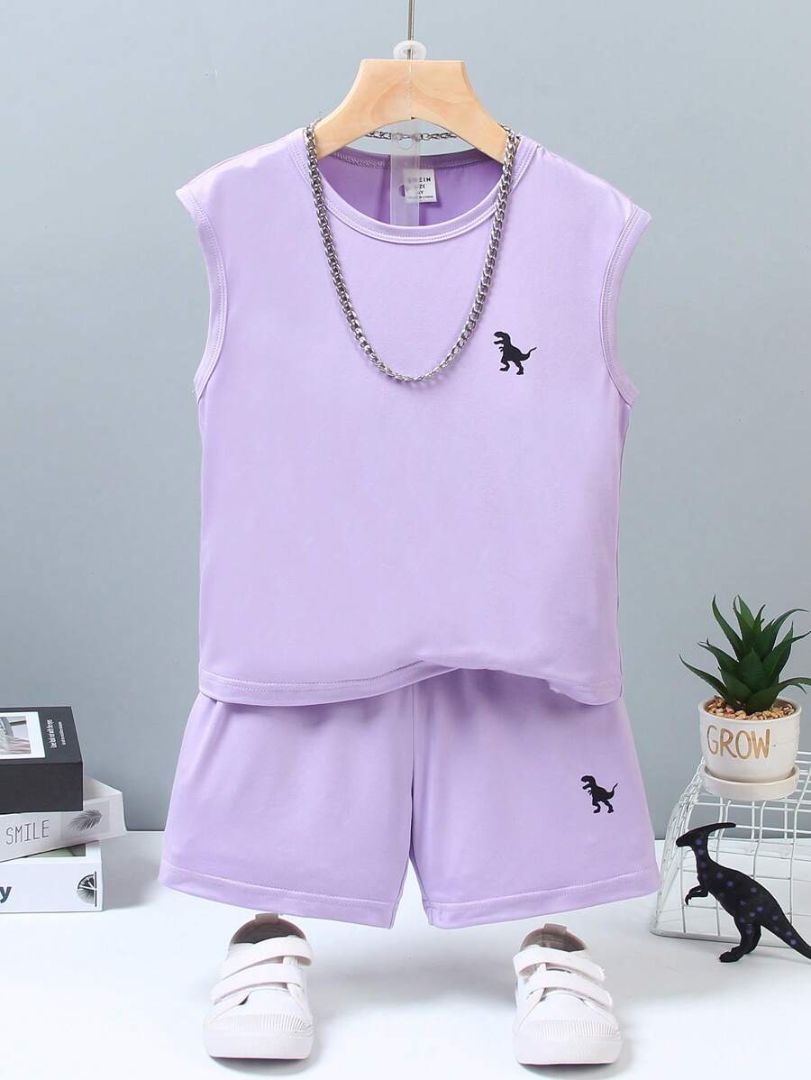 SHEIN 男童夏季圆领可爱印花上衣和短裤运动套装