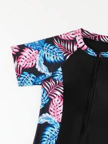 Conjunto de traje de baño de una sola pieza con estampado de plantas tropicales, shorts y falda con cobertura para adolescentes y niñas, ideal para verano y resort