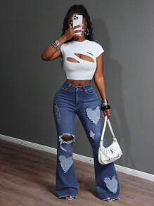 Slaydiva Women's Casual Versatile Distressed Embroidered Washed Denim Flare Jeans - Dark Wash - View 7