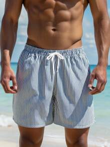 SHEIN 1pc Youth Boy Blue & White Striped One-Piece Swim Trunks With Adjustable Drawstring