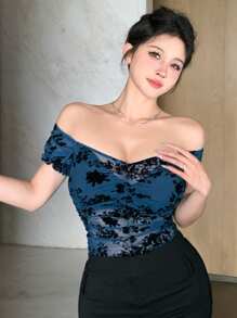 DAZY Women's Summer Square Neck Ruched Floral Mesh Casual Short Sleeve Top,Crop Tops Women,Back To School, Blue Easter Going Out Tops - Royal Blue - View 3