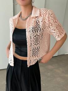 DAZY 女士精致蕾丝开衫衬衫，优雅休闲短款上衣，夏季