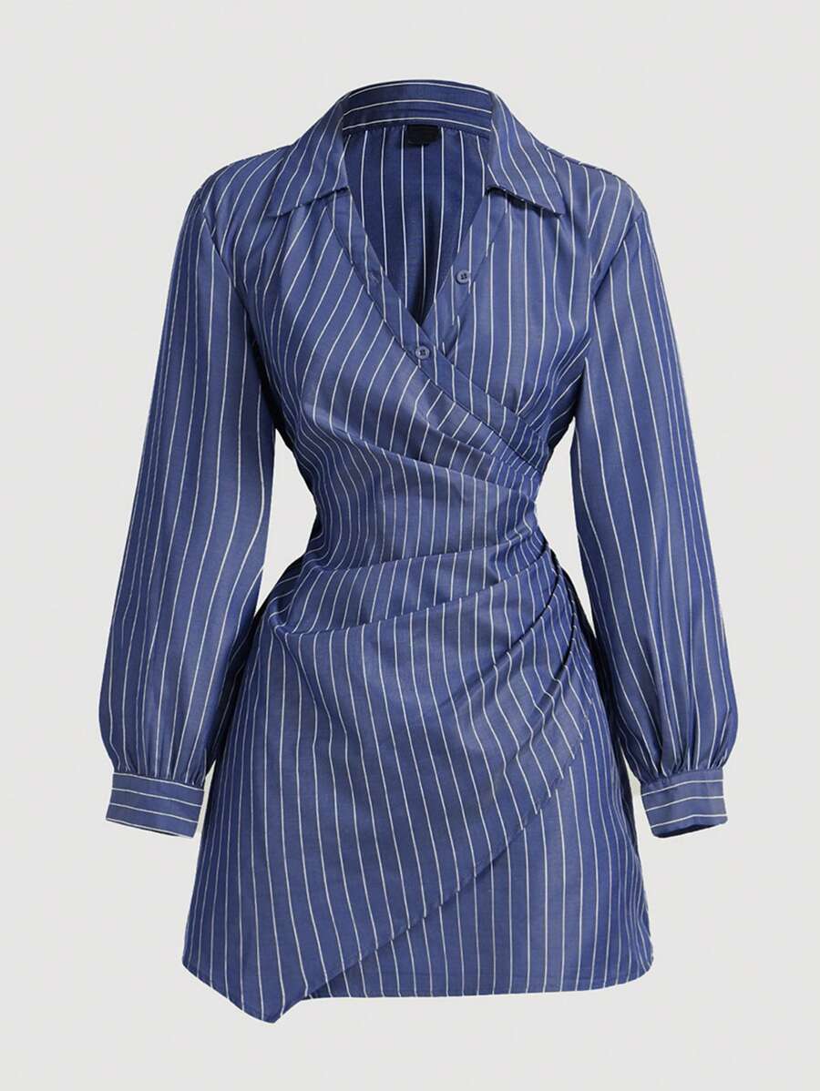 SHEIN MOD Navy White Stripe Print Cross-Wrap Ruffle Long Sleeve Women Dress,New Year Dress, Shirt,Business Women Clothes,Beach Women Outfits - Navy Blue - View 1