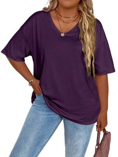 EMERY ROSE Plus Size V-Neck Solid Color Casual Loose Short Sleeve T-Shirt, Summer