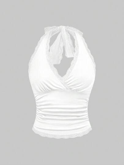 Grunge Punk Y2K Spitzen Patchwork plissiertes tailliertes Halfter-Necktop ohne Ärmel, Sommer