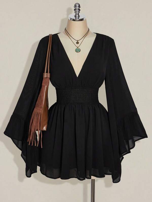 SHEIN ICON Vestido de línea A con mangas abullonadas, escote en V y cintura recogida, en talla grande, con estilo hippie bohemio Y2K, adecuado para el verano, con vibra nómada, para vacaciones de verano, festivales de música, temporada de graduación y vuelta al colegio