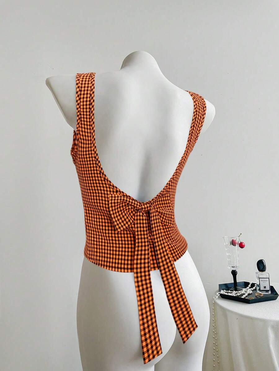 SHEIN Unity French Sexy Backless Bowknot Checkered Camisole Top, Sleeveless Slim Fit Tank Tops For Spring & Summer - Multicolor - View 1