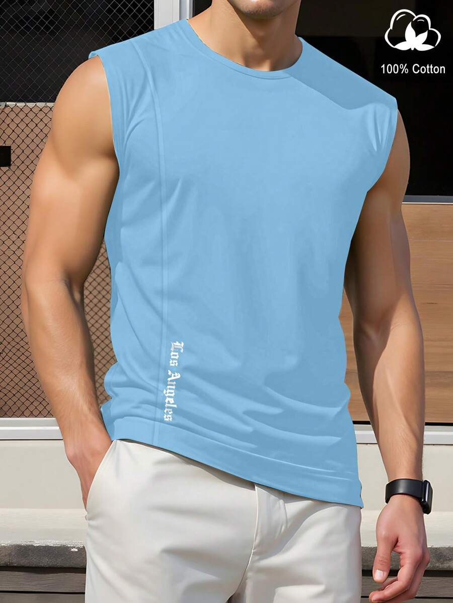 Manfinity Homme Men's Casual Sports Letter Printed Tank Top, Summer - Baby Blue - View 1
