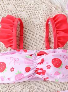 3pcs/Set Newborn Baby & Toddler Cute Strawberry Print Beach Outfit With Floral Trim Hat