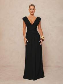 Lumalex Women's Solid Color Deep V-Neck Ruched Dress, Elegant - Black - View 6