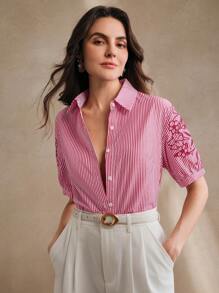 Anewsta New Perforated, Embroidered & Striped Short Sleeve Women Blouse, Summer