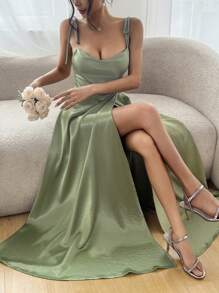 DAZY Đầm dài ngang gối bằng lụa satin mềm mại dành cho nữ, dây mảnh, xẻ tà, thích hợp cho đám cưới, du lịch hoặc tiệc cocktail. - màu xanh lá - Xem 7