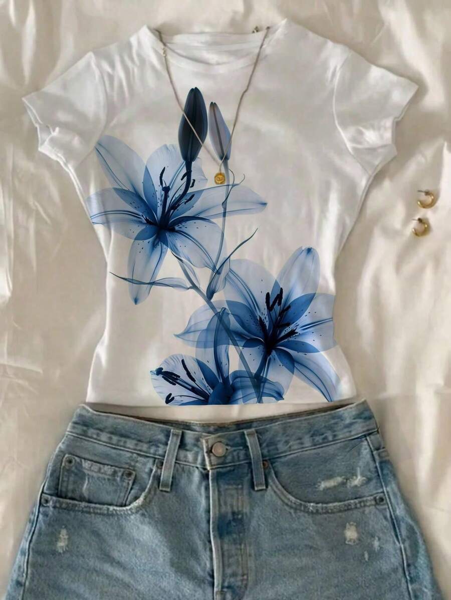 SHEIN 女士百合花卉数码印花短款圆领短袖 T 恤 - 白色 - 查看 1