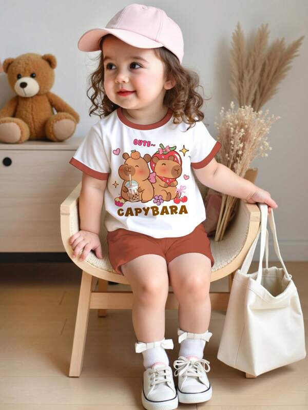 SHEIN Conjunto de niña bebé con camiseta de estampado de animal de dibujos animados de capibara lindo y mallas ajustadas, estilo simple con cuello redondo y manga corta, apto para primavera y verano