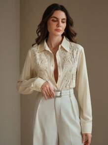 Anewsta Women's Embroidered & Rhinestone Decoration Long Sleeve Blouse - Beige - View 5