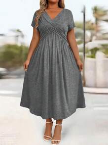 SHEIN PETITE Elegant Plus Size Women's Cable Knitted Twist Dress, Casual/Office, A-Line, Roomy, Slimming, Flared Skirt With Side Pockets