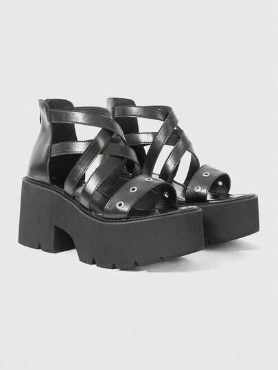 Goth 1. Sandalias negras casuales con plataforma de estilo romano vintage para mujer 2. Sandalias de mujer con tacón alto de suela gruesa, estilo punk gótico, con correa cruzada y cremallera trasera