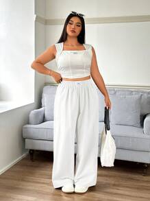 SHEIN EZwear 新款大码休闲白色简约裤，百搭 - 白色 - 查看 3