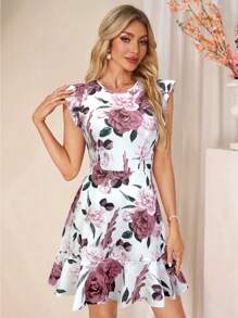 SHEIN Clasi Vestito mini attillato da donna con scollo a barchetta, maniche a campana e stampa floreale rosa e bianca