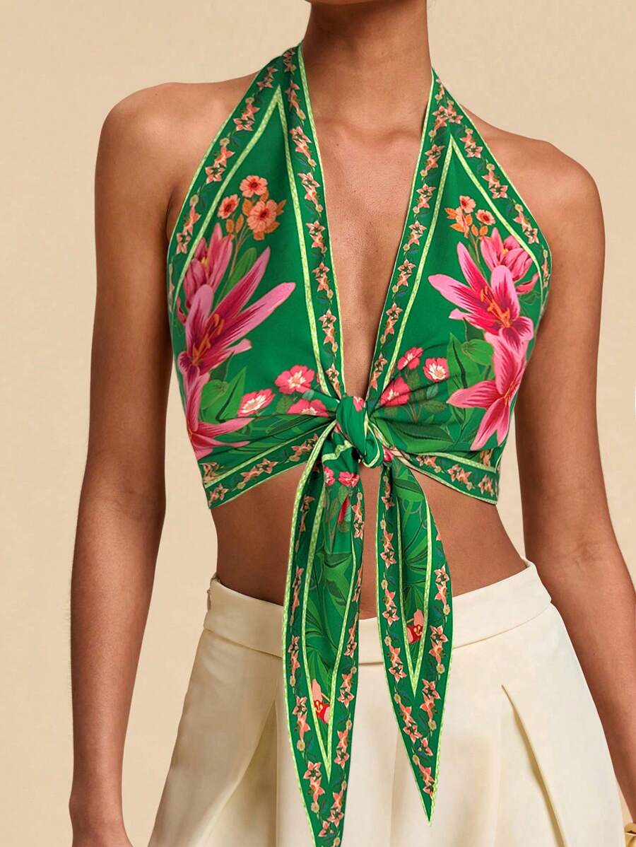 Travachic 女式露背花卉印花性感时尚度假上衣，女士夏季，夏季，度假女士，夏季上衣